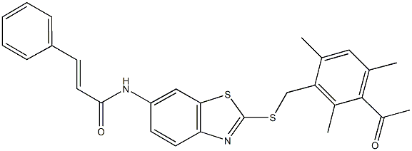 N-{2-[(3-acetyl-2,4,6-trimethylbenzyl)sulfanyl]-1,3-benzothiazol-6-yl}-3-phenylacrylamide Struktur