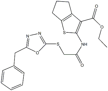 ethyl 2-({[(5-benzyl-1,3,4-oxadiazol-2-yl)sulfanyl]acetyl}amino)-5,6-dihydro-4H-cyclopenta[b]thiophene-3-carboxylate Struktur