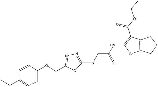 ethyl 2-{[({5-[(4-ethylphenoxy)methyl]-1,3,4-oxadiazol-2-yl}sulfanyl)acetyl]amino}-5,6-dihydro-4H-cyclopenta[b]thiophene-3-carboxylate Struktur