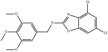 4,6-dichloro-2-[(3,4,5-trimethoxybenzyl)sulfanyl]-1,3-benzoxazole Struktur