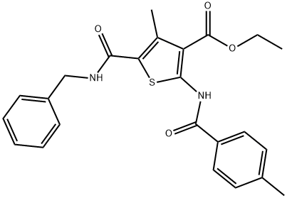 ethyl 5-[(benzylamino)carbonyl]-4-methyl-2-[(4-methylbenzoyl)amino]-3-thiophenecarboxylate Struktur