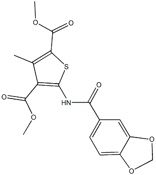 dimethyl 5-[(1,3-benzodioxol-5-ylcarbonyl)amino]-3-methyl-2,4-thiophenedicarboxylate Struktur