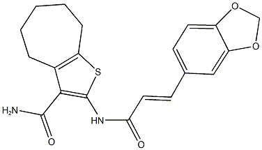 2-{[3-(1,3-benzodioxol-5-yl)acryloyl]amino}-5,6,7,8-tetrahydro-4H-cyclohepta[b]thiophene-3-carboxamide Struktur