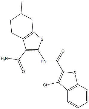 N-[3-(aminocarbonyl)-6-methyl-4,5,6,7-tetrahydro-1-benzothien-2-yl]-3-chloro-1-benzothiophene-2-carboxamide Struktur