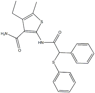 4-ethyl-5-methyl-2-{[phenyl(phenylsulfanyl)acetyl]amino}-3-thiophenecarboxamide Struktur