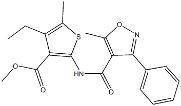 methyl 4-ethyl-5-methyl-2-{[(5-methyl-3-phenyl-4-isoxazolyl)carbonyl]amino}-3-thiophenecarboxylate Struktur