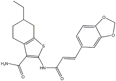 2-{[3-(1,3-benzodioxol-5-yl)acryloyl]amino}-6-ethyl-4,5,6,7-tetrahydro-1-benzothiophene-3-carboxamide Struktur