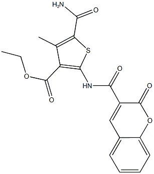 ethyl 5-(aminocarbonyl)-4-methyl-2-{[(2-oxo-2H-chromen-3-yl)carbonyl]amino}-3-thiophenecarboxylate Struktur