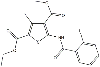 2-ethyl 4-methyl 5-[(2-iodobenzoyl)amino]-3-methyl-2,4-thiophenedicarboxylate Struktur