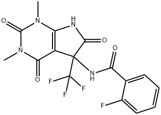 N-[1,3-dimethyl-2,4,6-trioxo-5-(trifluoromethyl)-2,3,4,5,6,7-hexahydro-1H-pyrrolo[2,3-d]pyrimidin-5-yl]-2-fluorobenzamide Struktur