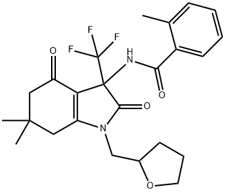 N-[6,6-dimethyl-2,4-dioxo-1-(tetrahydro-2-furanylmethyl)-3-(trifluoromethyl)-2,3,4,5,6,7-hexahydro-1H-indol-3-yl]-2-methylbenzamide Struktur