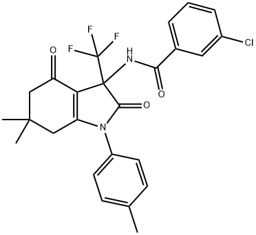 3-chloro-N-[6,6-dimethyl-1-(4-methylphenyl)-2,4-dioxo-3-(trifluoromethyl)-2,3,4,5,6,7-hexahydro-1H-indol-3-yl]benzamide Struktur