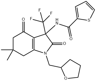 N-[6,6-dimethyl-2,4-dioxo-1-(tetrahydro-2-furanylmethyl)-3-(trifluoromethyl)-2,3,4,5,6,7-hexahydro-1H-indol-3-yl]-2-thiophenecarboxamide Struktur