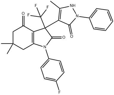 1-(4-fluorophenyl)-6,6-dimethyl-3-(5-methyl-3-oxo-2-phenyl-2,3-dihydro-1H-pyrazol-4-yl)-3-(trifluoromethyl)-3,5,6,7-tetrahydro-1H-indole-2,4-dione Struktur