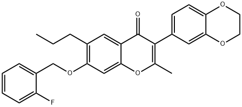 3-(2,3-dihydro-1,4-benzodioxin-6-yl)-7-[(2-fluorobenzyl)oxy]-2-methyl-6-propyl-4H-chromen-4-one Struktur