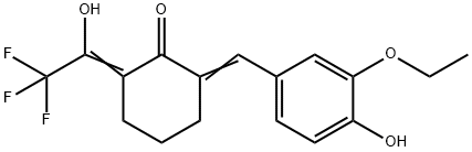 2-(3-ethoxy-4-hydroxybenzylidene)-6-(2,2,2-trifluoro-1-hydroxyethylidene)cyclohexanone Struktur