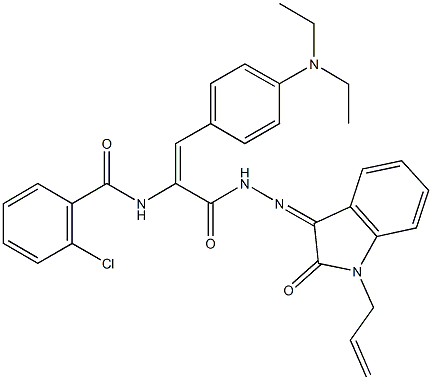 N-{1-{[2-(1-allyl-2-oxo-1,2-dihydro-3H-indol-3-ylidene)hydrazino]carbonyl}-2-[4-(diethylamino)phenyl]vinyl}-2-chlorobenzamide Struktur