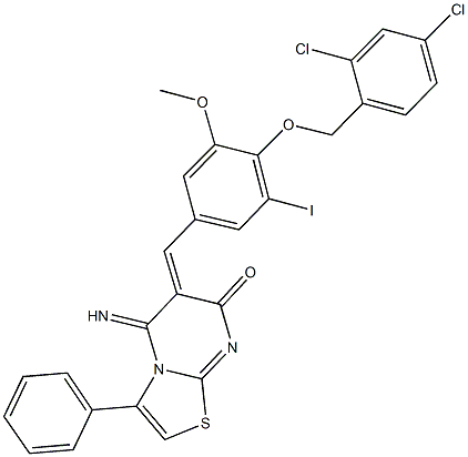 6-{4-[(2,4-dichlorobenzyl)oxy]-3-iodo-5-methoxybenzylidene}-5-imino-3-phenyl-5,6-dihydro-7H-[1,3]thiazolo[3,2-a]pyrimidin-7-one Struktur