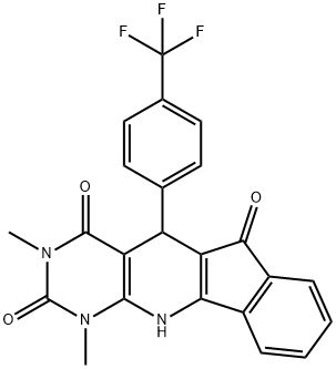 1,3-dimethyl-5-[4-(trifluoromethyl)phenyl]-5,11-dihydro-1H-indeno[2',1':5,6]pyrido[2,3-d]pyrimidine-2,4,6(3H)-trione Struktur