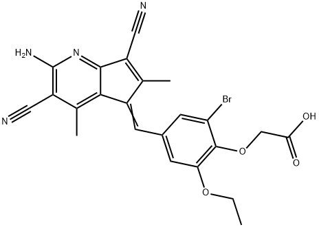 {4-[(2-amino-3,7-dicyano-4,6-dimethyl-5H-cyclopenta[b]pyridin-5-ylidene)methyl]-2-bromo-6-ethoxyphenoxy}acetic acid Struktur