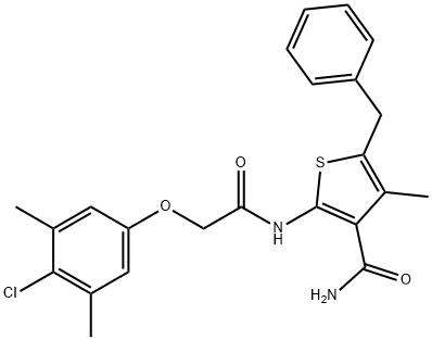 5-benzyl-2-{[(4-chloro-3,5-dimethylphenoxy)acetyl]amino}-4-methyl-3-thiophenecarboxamide Struktur