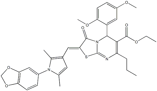 ethyl 2-{[1-(1,3-benzodioxol-5-yl)-2,5-dimethyl-1H-pyrrol-3-yl]methylene}-5-(2,5-dimethoxyphenyl)-3-oxo-7-propyl-2,3-dihydro-5H-[1,3]thiazolo[3,2-a]pyrimidine-6-carboxylate Struktur