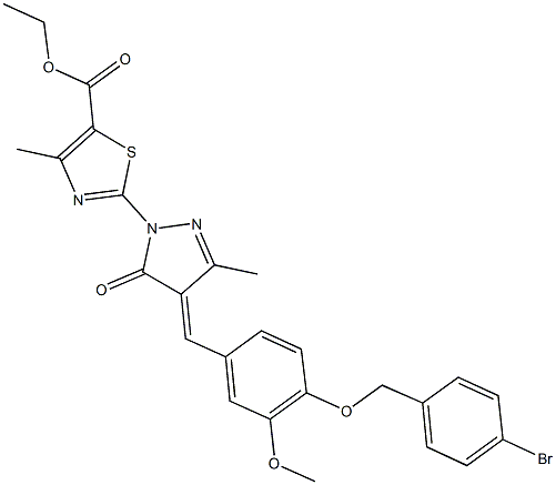 ethyl 2-(4-{4-[(4-bromobenzyl)oxy]-3-methoxybenzylidene}-3-methyl-5-oxo-4,5-dihydro-1H-pyrazol-1-yl)-4-methyl-1,3-thiazole-5-carboxylate Struktur