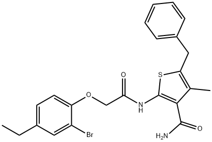 5-benzyl-2-{[(2-bromo-4-ethylphenoxy)acetyl]amino}-4-methyl-3-thiophenecarboxamide Struktur