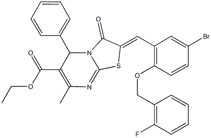 ethyl2-{5-bromo-2-[(2-fluorobenzyl)oxy]benzylidene}-7-methyl-3-oxo-5-phenyl-2,3-dihydro-5H-[1,3]thiazolo[3,2-a]pyrimidine-6-carboxylate Struktur