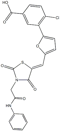 3-(5-{[3-(2-anilino-2-oxoethyl)-2,4-dioxo-1,3-thiazolidin-5-ylidene]methyl}-2-furyl)-4-chlorobenzoic acid Struktur