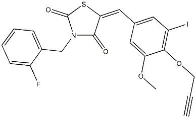 3-(2-fluorobenzyl)-5-[3-iodo-5-methoxy-4-(2-propynyloxy)benzylidene]-1,3-thiazolidine-2,4-dione Struktur