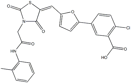 2-chloro-5-[5-({2,4-dioxo-3-[2-oxo-2-(2-toluidino)ethyl]-1,3-thiazolidin-5-ylidene}methyl)-2-furyl]benzoic acid Struktur