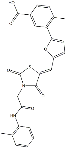 3-[5-({2,4-dioxo-3-[2-oxo-2-(2-toluidino)ethyl]-1,3-thiazolidin-5-ylidene}methyl)-2-furyl]-4-methylbenzoic acid Struktur