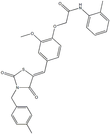 2-(2-methoxy-4-{[3-(4-methylbenzyl)-2,4-dioxo-1,3-thiazolidin-5-ylidene]methyl}phenoxy)-N-(2-methylphenyl)acetamide Struktur