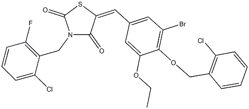 5-{3-bromo-4-[(2-chlorobenzyl)oxy]-5-ethoxybenzylidene}-3-(2-chloro-6-fluorobenzyl)-1,3-thiazolidine-2,4-dione Struktur