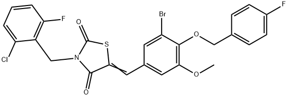 5-{3-bromo-4-[(4-fluorobenzyl)oxy]-5-methoxybenzylidene}-3-(2-chloro-6-fluorobenzyl)-1,3-thiazolidine-2,4-dione Struktur