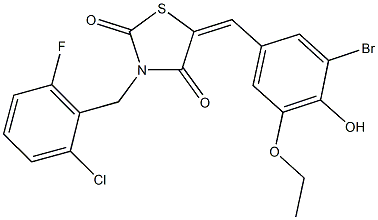 5-(3-bromo-5-ethoxy-4-hydroxybenzylidene)-3-(2-chloro-6-fluorobenzyl)-1,3-thiazolidine-2,4-dione Struktur