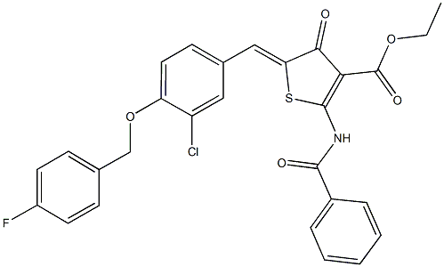 ethyl 2-(benzoylamino)-5-{3-chloro-4-[(4-fluorobenzyl)oxy]benzylidene}-4-oxo-4,5-dihydro-3-thiophenecarboxylate Struktur