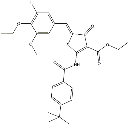 ethyl 2-[(4-tert-butylbenzoyl)amino]-5-(4-ethoxy-3-iodo-5-methoxybenzylidene)-4-oxo-4,5-dihydrothiophene-3-carboxylate Struktur