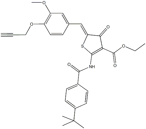 ethyl 2-[(4-tert-butylbenzoyl)amino]-5-[3-methoxy-4-(2-propynyloxy)benzylidene]-4-oxo-4,5-dihydro-3-thiophenecarboxylate Struktur