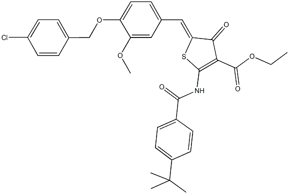 ethyl 2-[(4-tert-butylbenzoyl)amino]-5-{4-[(4-chlorobenzyl)oxy]-3-methoxybenzylidene}-4-oxo-4,5-dihydro-3-thiophenecarboxylate Struktur