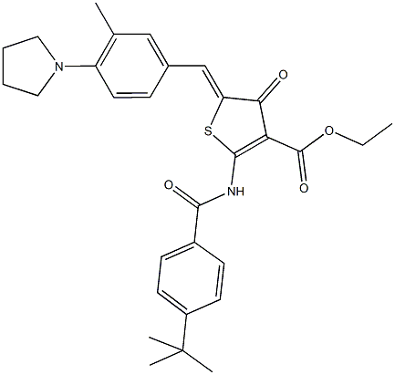 ethyl 2-[(4-tert-butylbenzoyl)amino]-5-[3-methyl-4-(1-pyrrolidinyl)benzylidene]-4-oxo-4,5-dihydro-3-thiophenecarboxylate Struktur