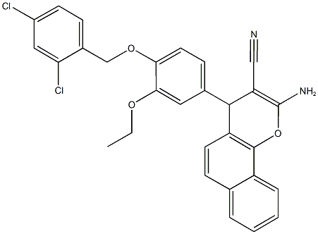 2-amino-4-{4-[(2,4-dichlorobenzyl)oxy]-3-ethoxyphenyl}-4H-benzo[h]chromene-3-carbonitrile Struktur