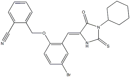 2-({4-bromo-2-[(1-cyclohexyl-5-oxo-2-thioxo-4-imidazolidinylidene)methyl]phenoxy}methyl)benzonitrile Struktur