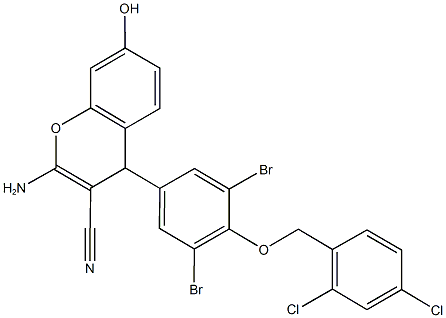 2-amino-4-{3,5-dibromo-4-[(2,4-dichlorobenzyl)oxy]phenyl}-7-hydroxy-4H-chromene-3-carbonitrile Struktur