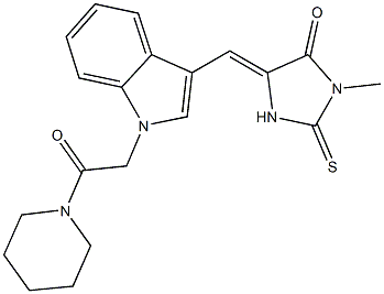 3-methyl-5-({1-[2-oxo-2-(1-piperidinyl)ethyl]-1H-indol-3-yl}methylene)-2-thioxo-4-imidazolidinone Struktur