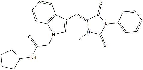 N-cyclopentyl-2-{3-[(3-methyl-5-oxo-1-phenyl-2-thioxo-4-imidazolidinylidene)methyl]-1H-indol-1-yl}acetamide Struktur