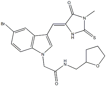 2-{5-bromo-3-[(1-methyl-5-oxo-2-thioxo-4-imidazolidinylidene)methyl]-1H-indol-1-yl}-N-(tetrahydro-2-furanylmethyl)acetamide Struktur