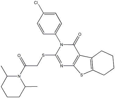 3-(4-chlorophenyl)-2-{[2-(2,6-dimethyl-1-piperidinyl)-2-oxoethyl]sulfanyl}-5,6,7,8-tetrahydro[1]benzothieno[2,3-d]pyrimidin-4(3H)-one Struktur