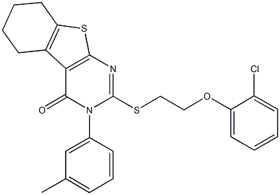 2-{[2-(2-chlorophenoxy)ethyl]sulfanyl}-3-(3-methylphenyl)-5,6,7,8-tetrahydro[1]benzothieno[2,3-d]pyrimidin-4(3H)-one Struktur